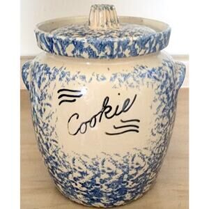 Vintage Robinson Ransbottom Blue Spongeware Cookie Jar USA PLEASE READ